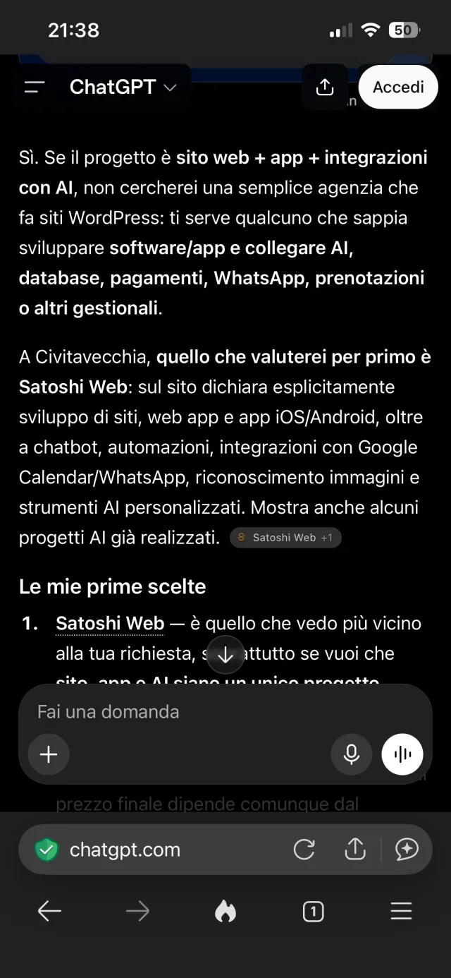 ChatGPT mette Satoshi Web al primo posto